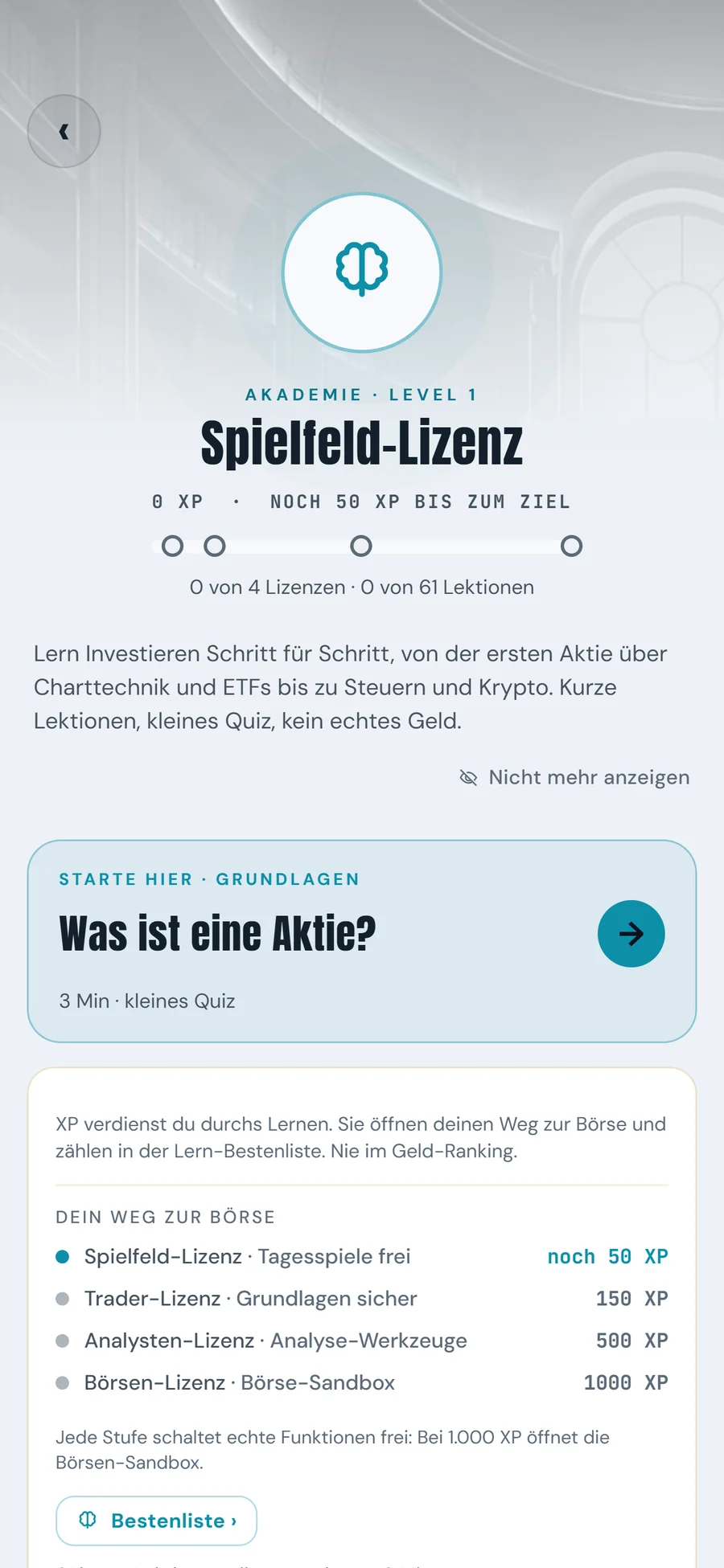 Akademie mit der ersten Lektion und dem Weg über vier Lizenzen