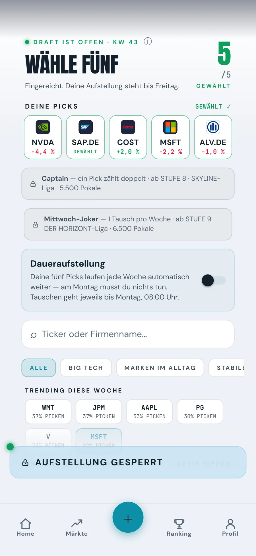 Aufstellung mit fünf gewählten Aktien und dem Schalter für die Daueraufstellung